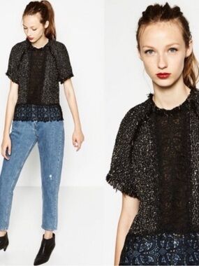Zara Black Short-Sleeve Tweed & Lace Women’s Top